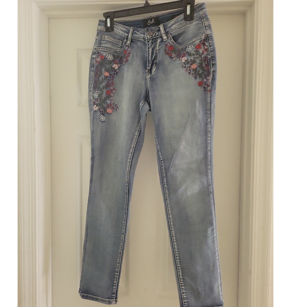 Earl Jean Womens Skinny Jeans Size 8 Light Wash Floral Embroidered Denim Boho